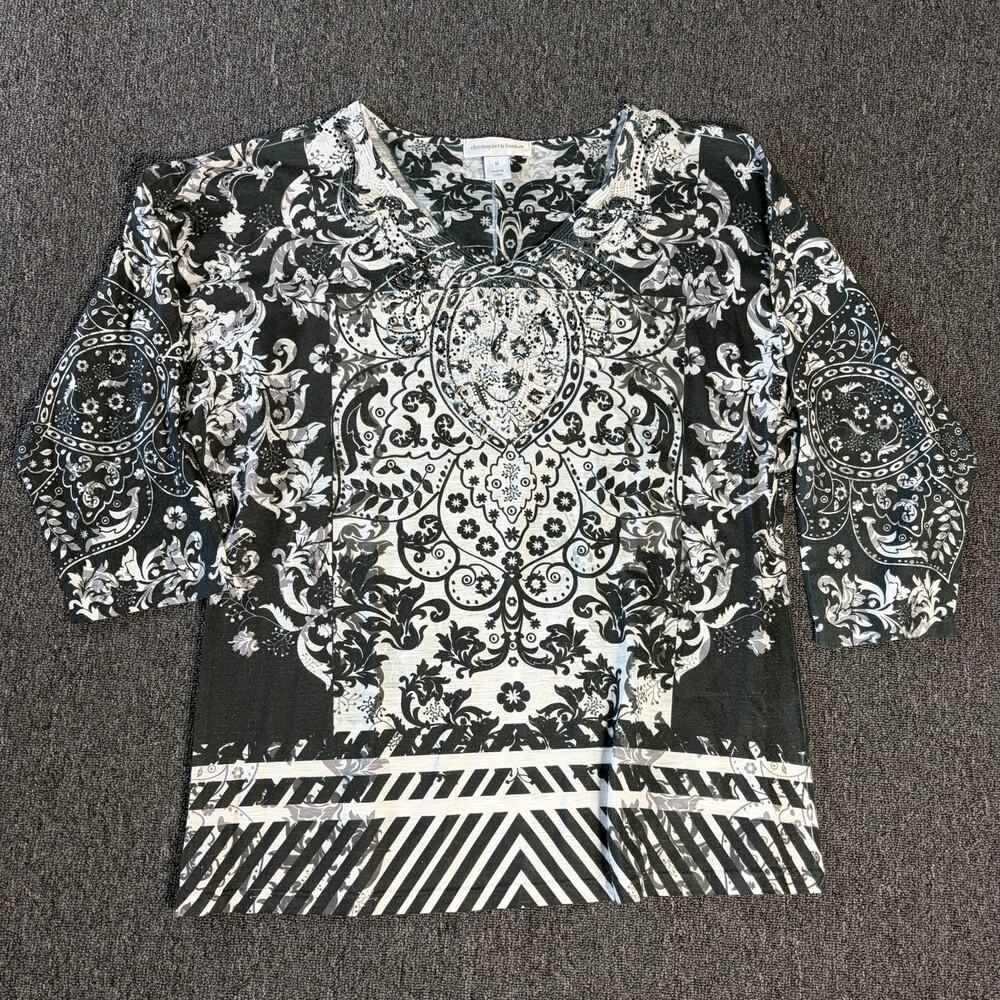 Vintage Y2k Black White Fairy Whimsical Longsleeve Rhinestone 3/4 Sleeve Top M